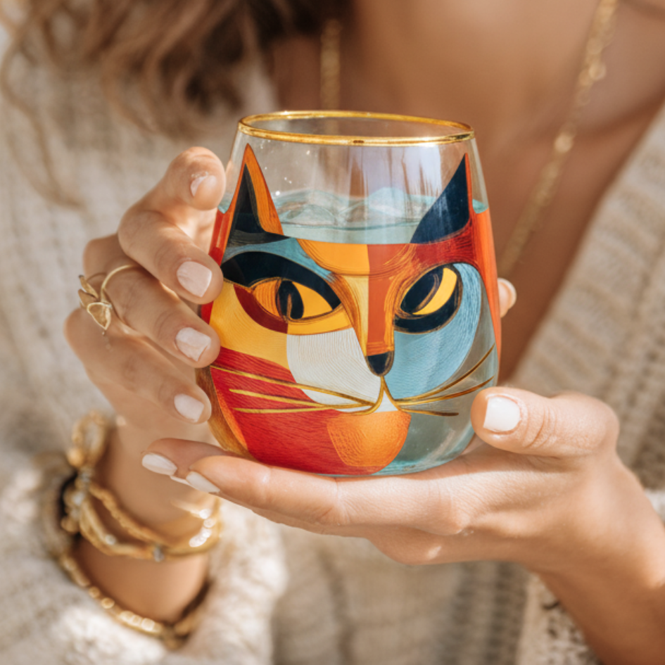 'Cubist Cat' Stemless Wine Glass