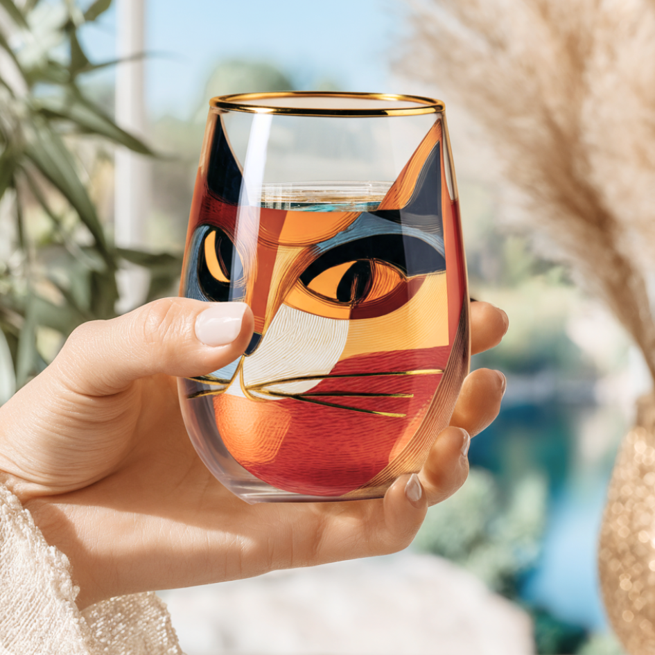 'Cubist Cat' Stemless Wine Glass