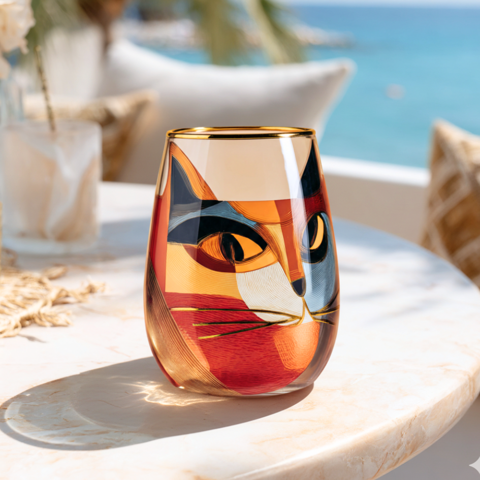'Cubist Cat' Stemless Wine Glass