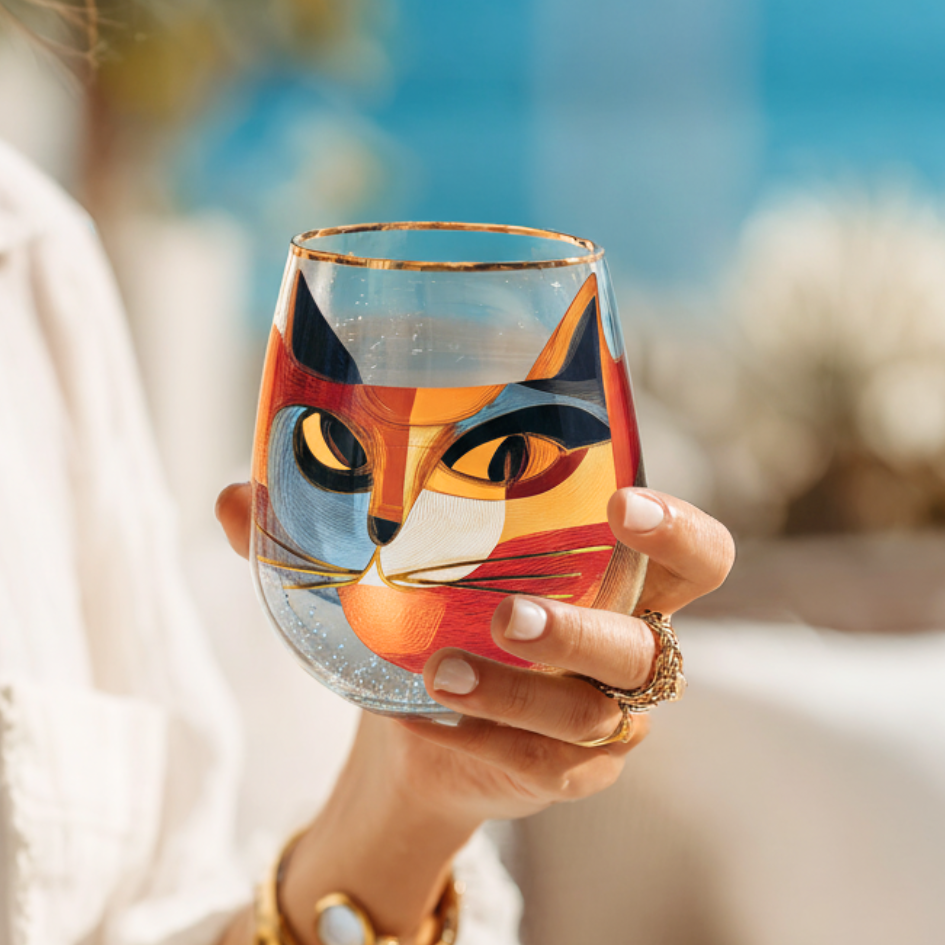 'Cubist Cat' Stemless Wine Glass