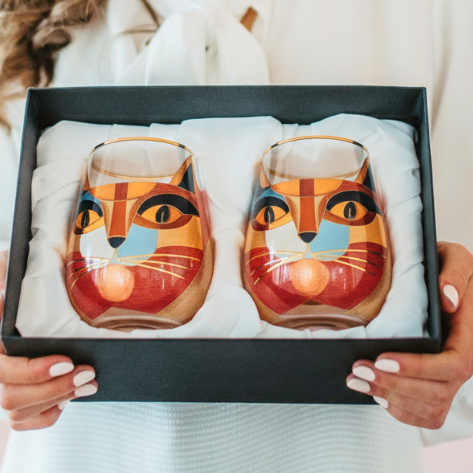 'Cubist Cat' Stemless Wine Glass