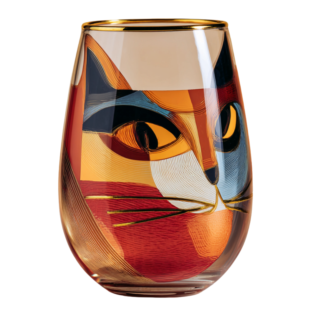 'Cubist Cat' Stemless Wine Glass