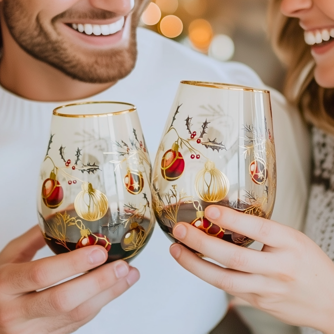 'Golden Christmas' Stemless Wine Glass