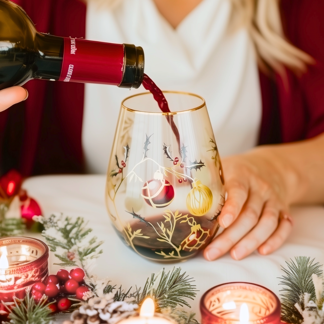'Golden Christmas' Stemless Wine Glass