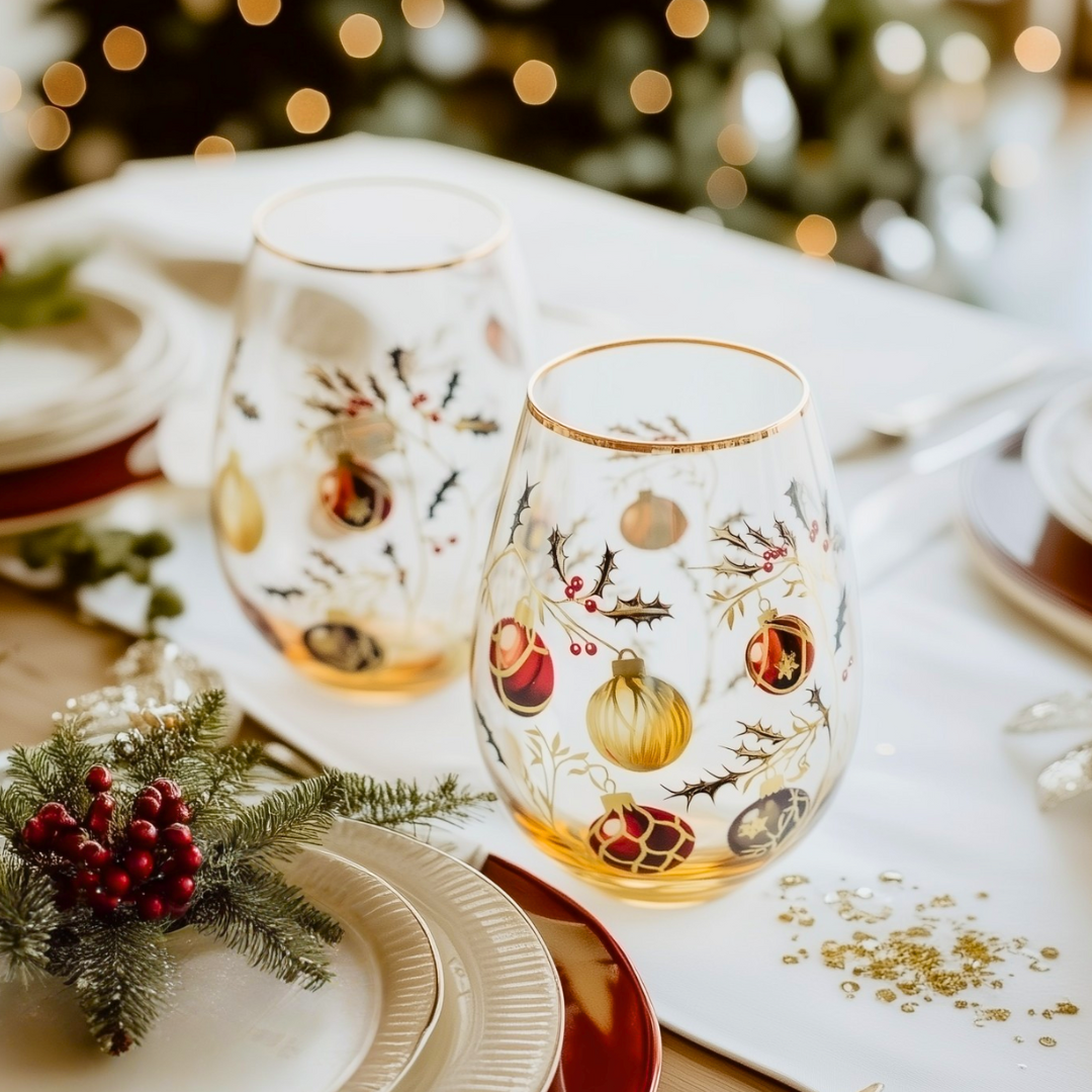 'Golden Christmas' Stemless Wine Glass