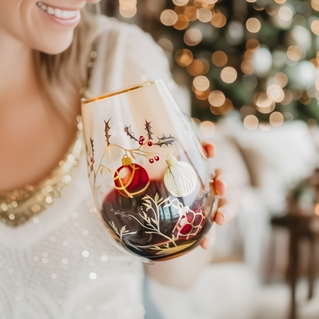 'Golden Christmas' Stemless Wine Glass