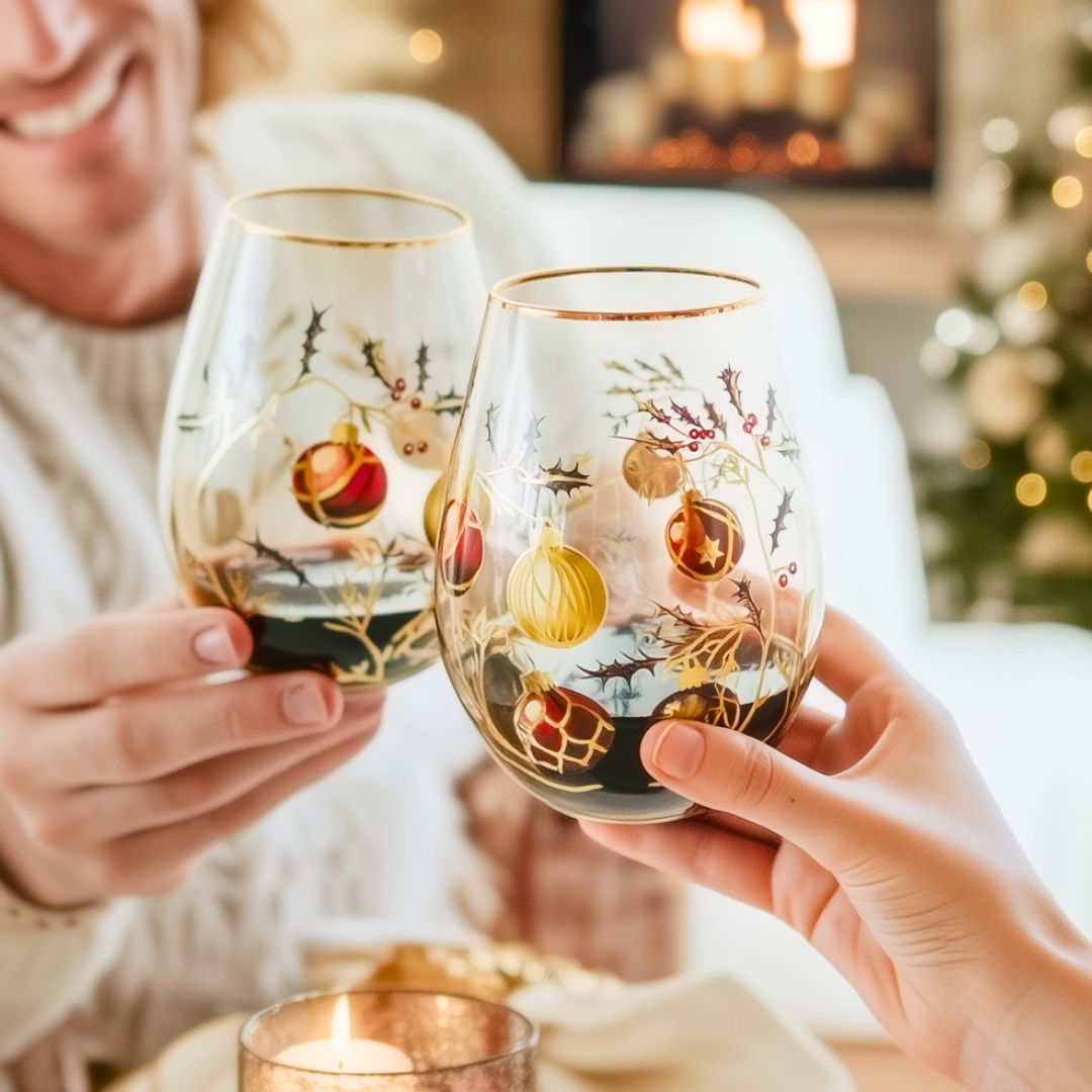 'Golden Christmas' Stemless Wine Glass