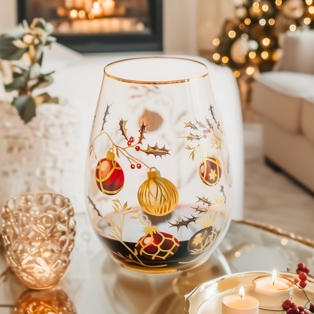 'Golden Christmas' Stemless Wine Glass