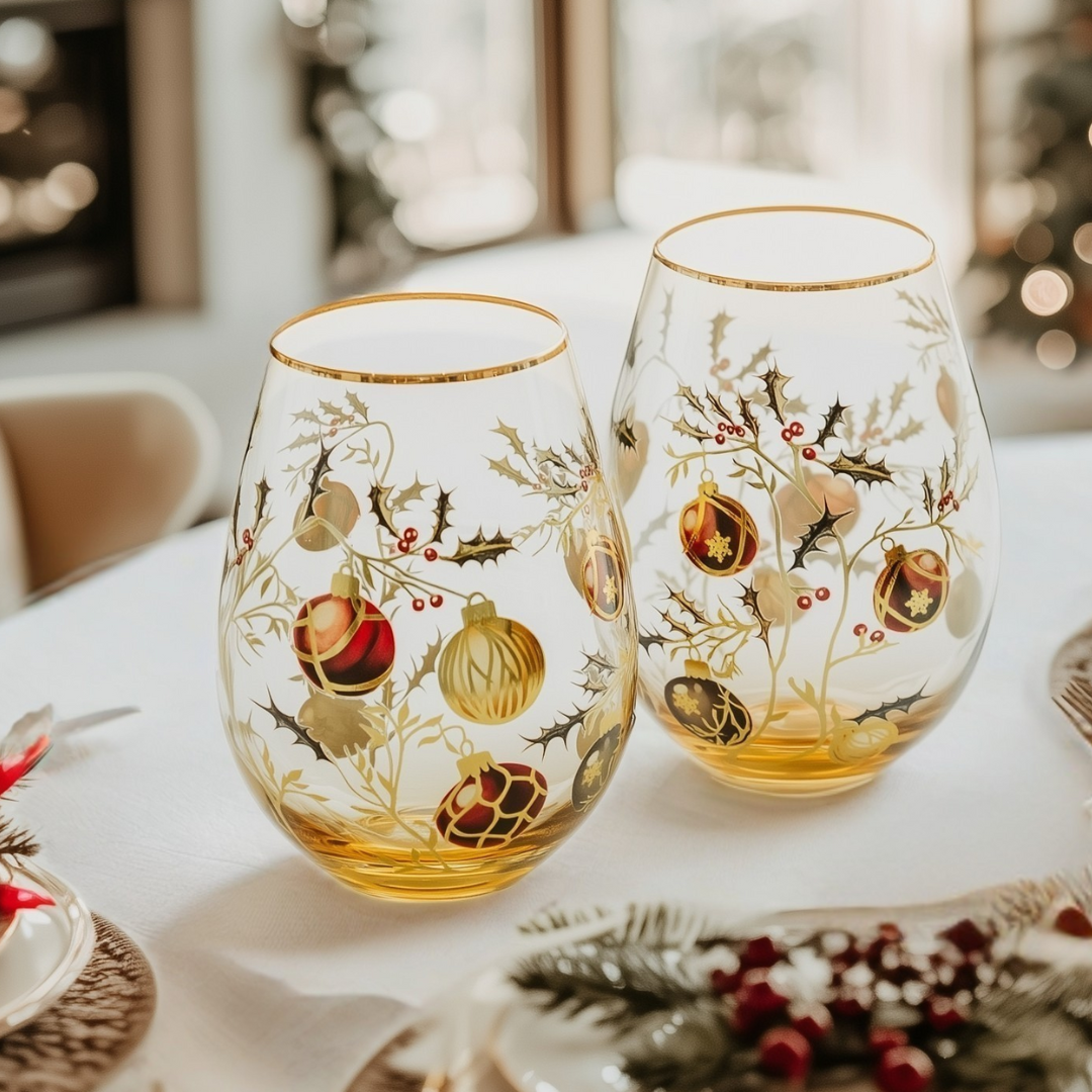 'Golden Christmas' Stemless Wine Glass