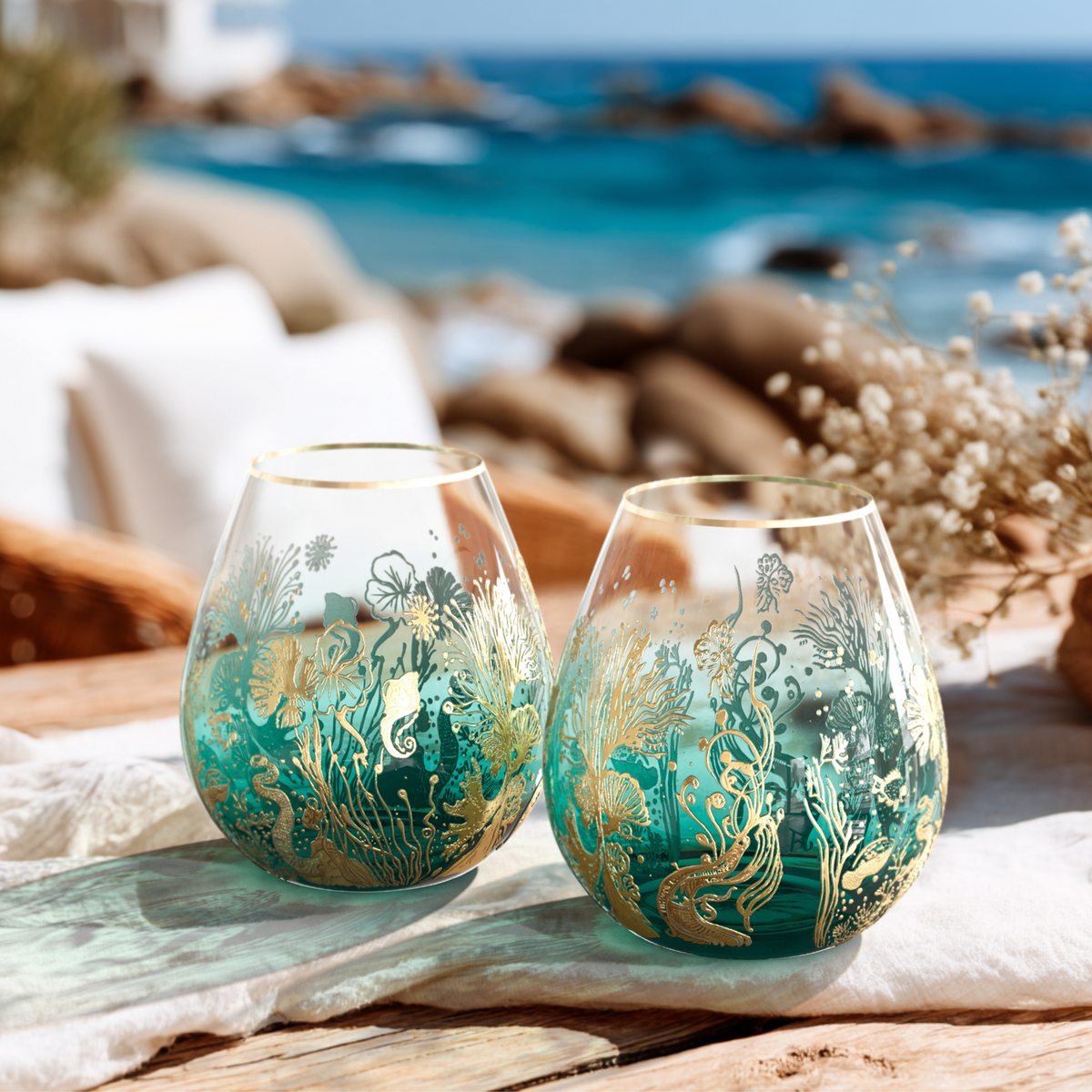 'Ocean Majesty' Stemless Goblet Wine Glasses