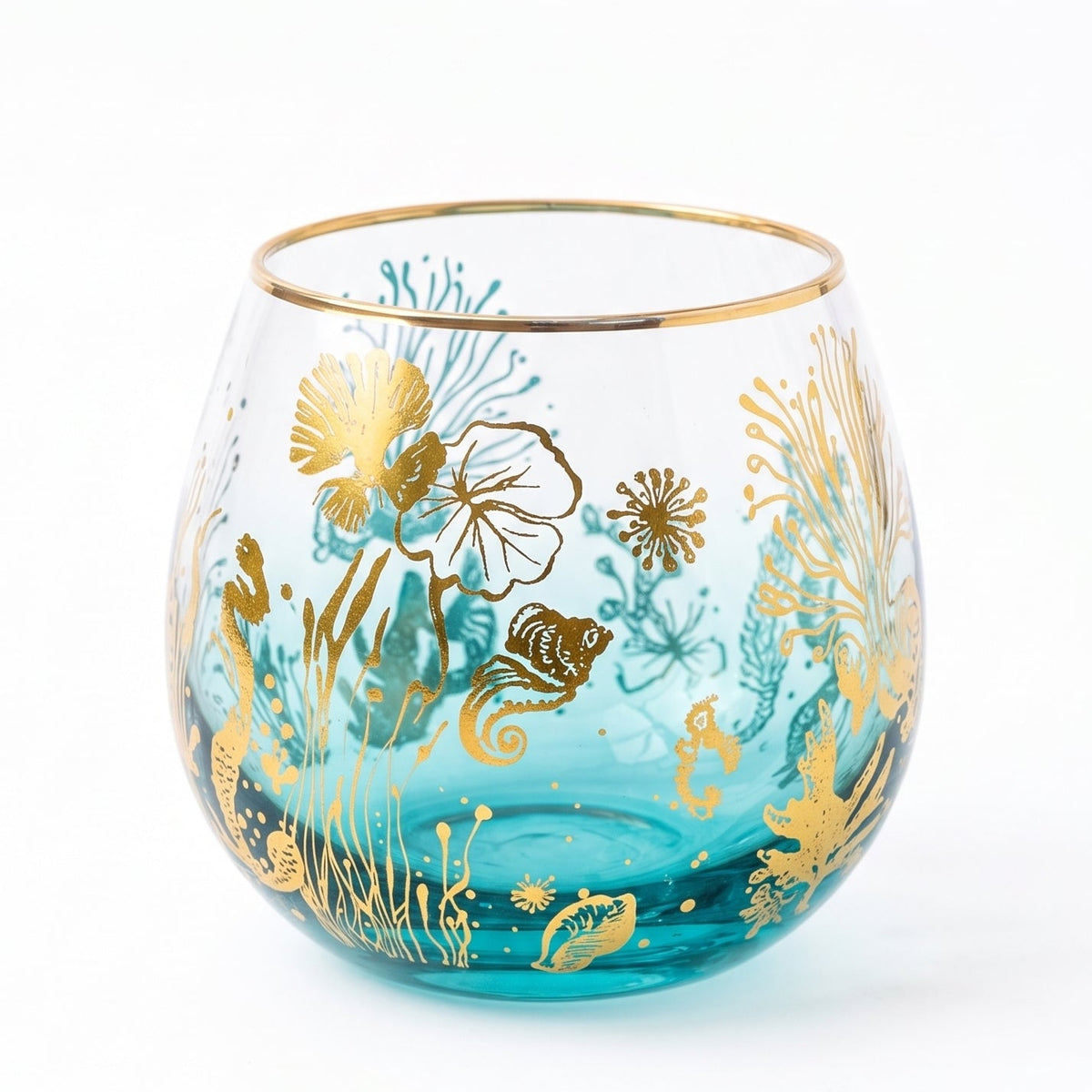 A beautiful stemless wine glass brings a stylish touch of ocean calm and majestic beauty to every gathering.