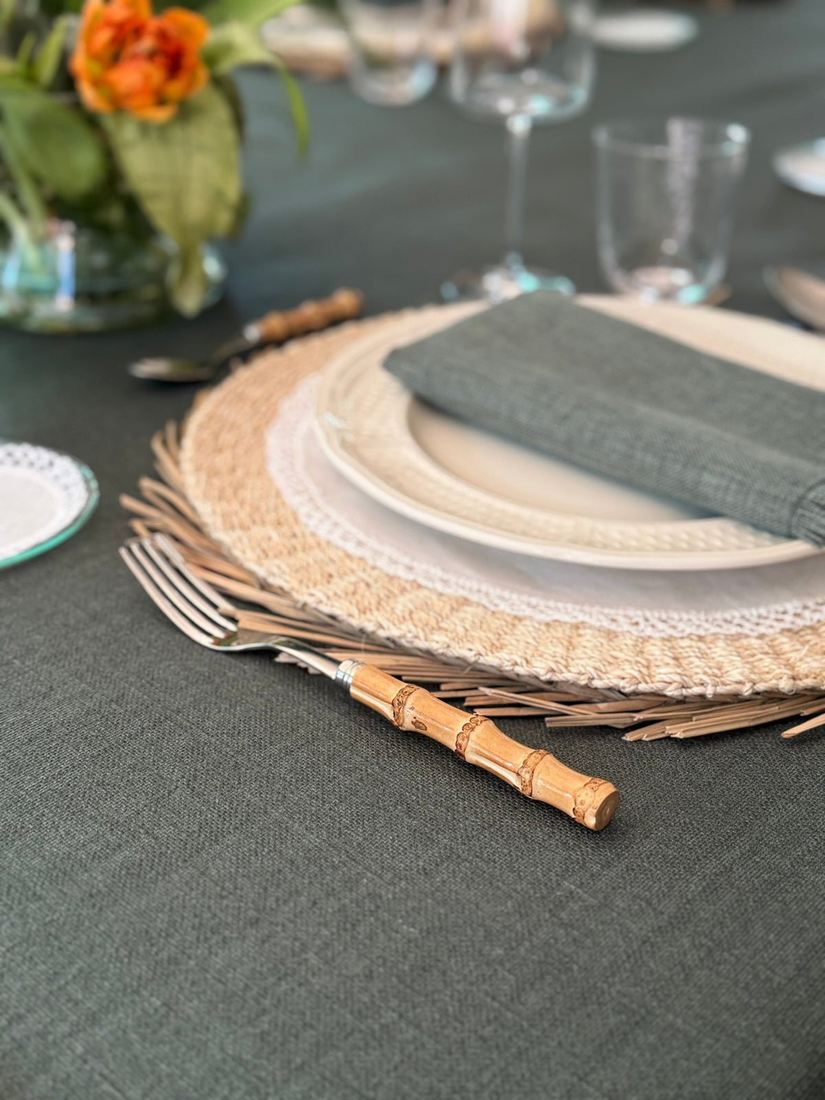 'Midnight Green Linen' Spill-Resistant Tablecloth