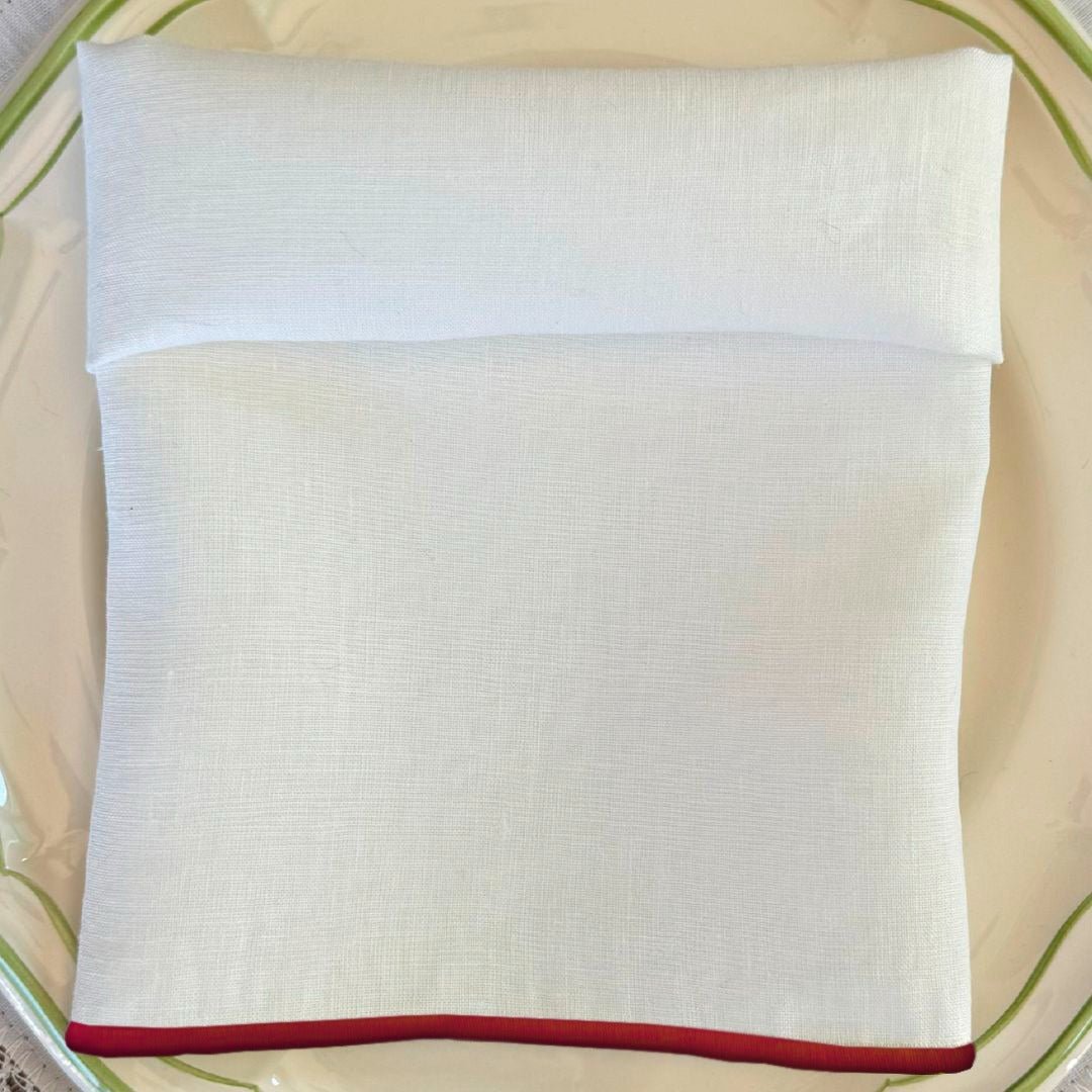 'Ivory Linen' Napkin with Red Scalloped Edge