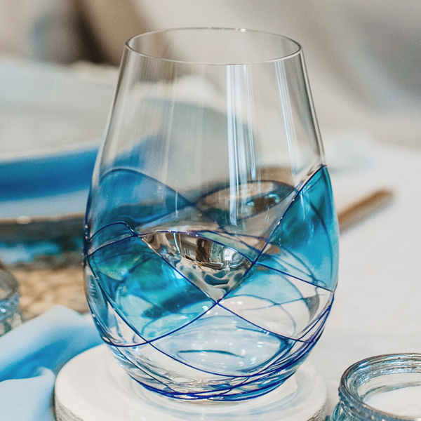 Hand Blown Stemless Wine Glasses | Beautiful Blue Swirl Design