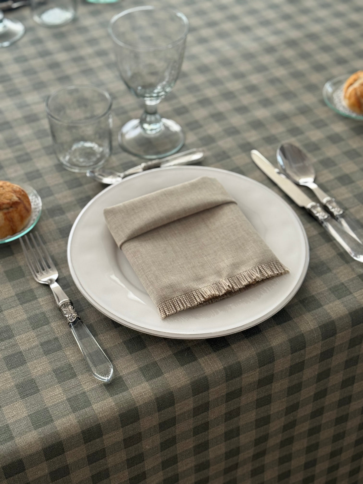 'Linen Eucalyptus Green Gingham' Spill-Resistant Tablecloth