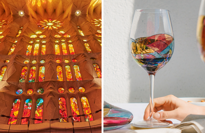 Set of 4 Sagrada Cornet Barcelona Large Wine Glasses Vintage Barware Stain  Glass Mosaic 