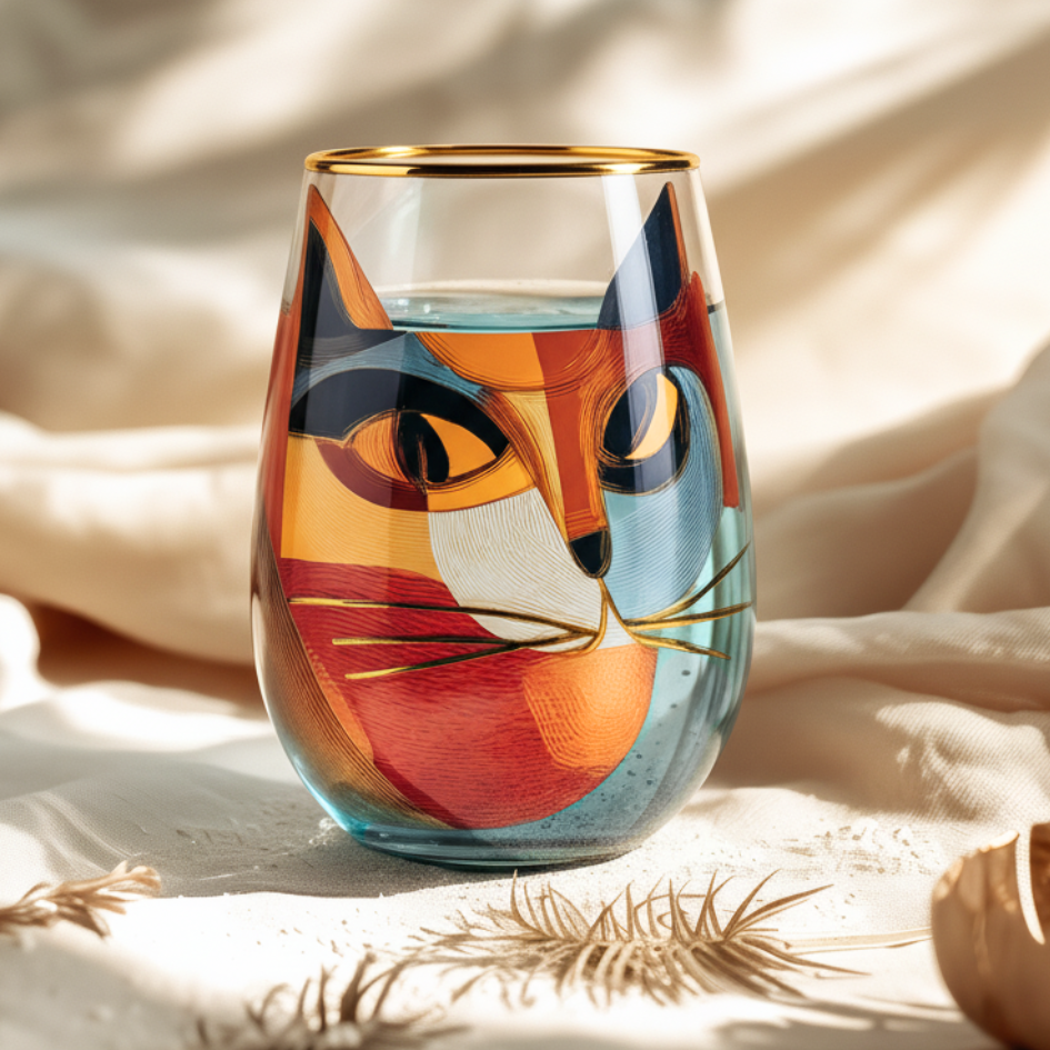 'Cubist Cat' Stemless Wine Glass