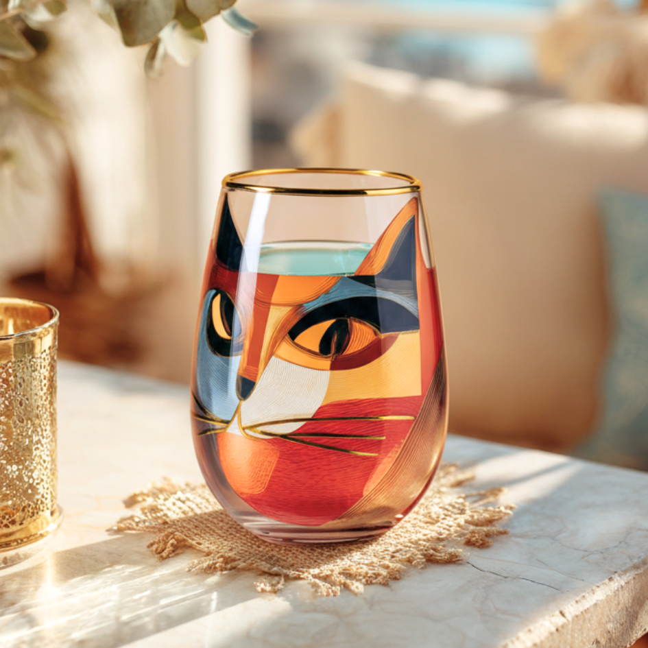 'Cubist Cat' Stemless Wine Glass