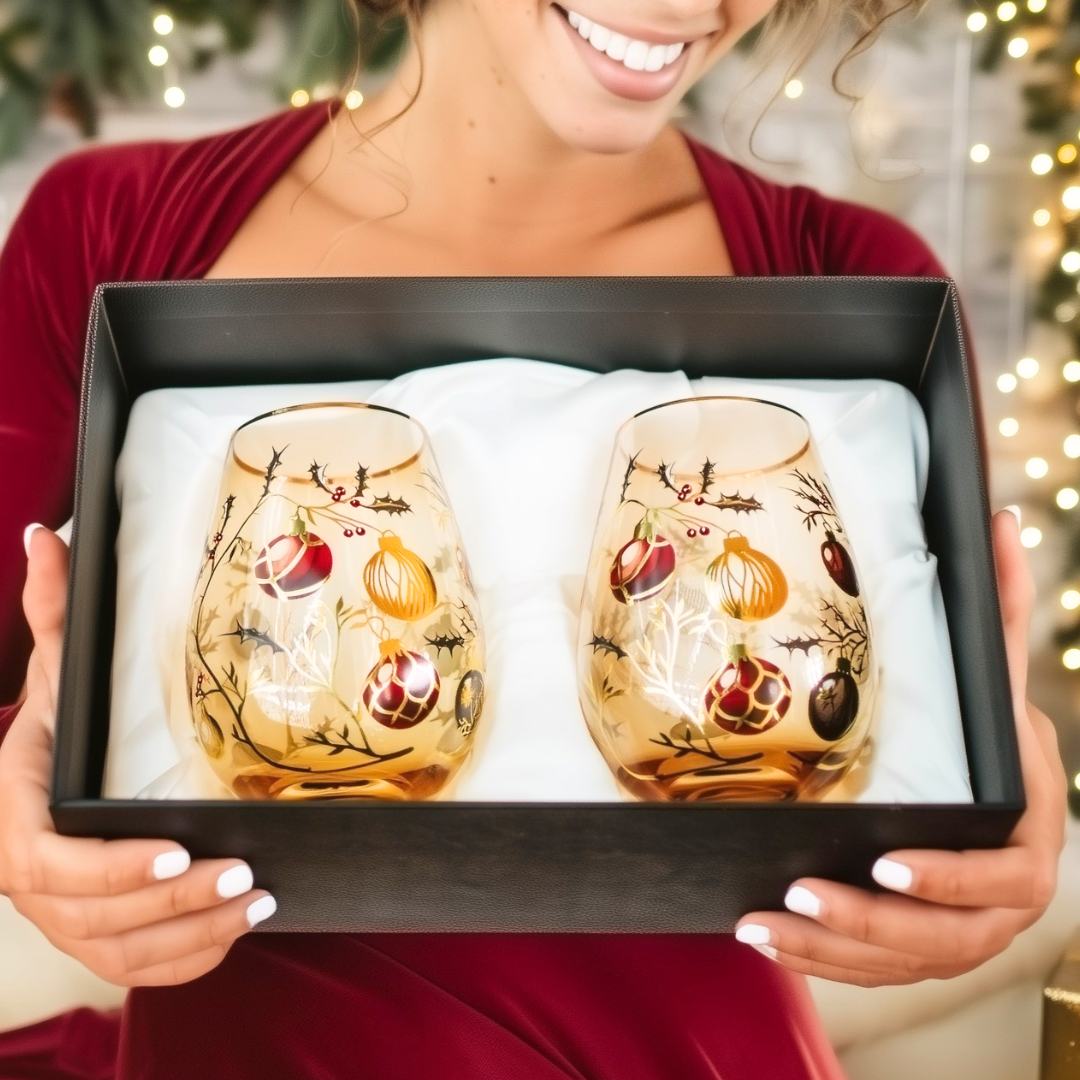 'Golden Christmas' Stemless Wine Glass