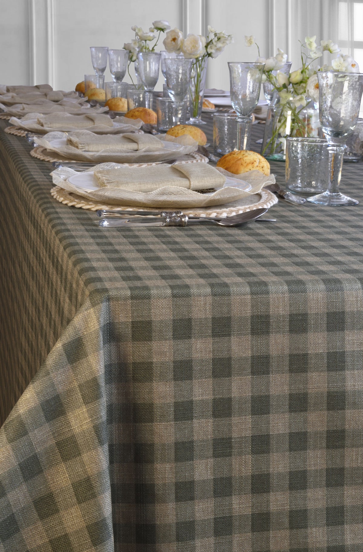 'Linen Eucalyptus Green Gingham' Spill-Resistant Tablecloth