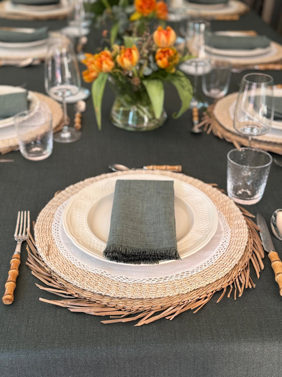 'Midnight Green Linen' Spill-Resistant Tablecloth