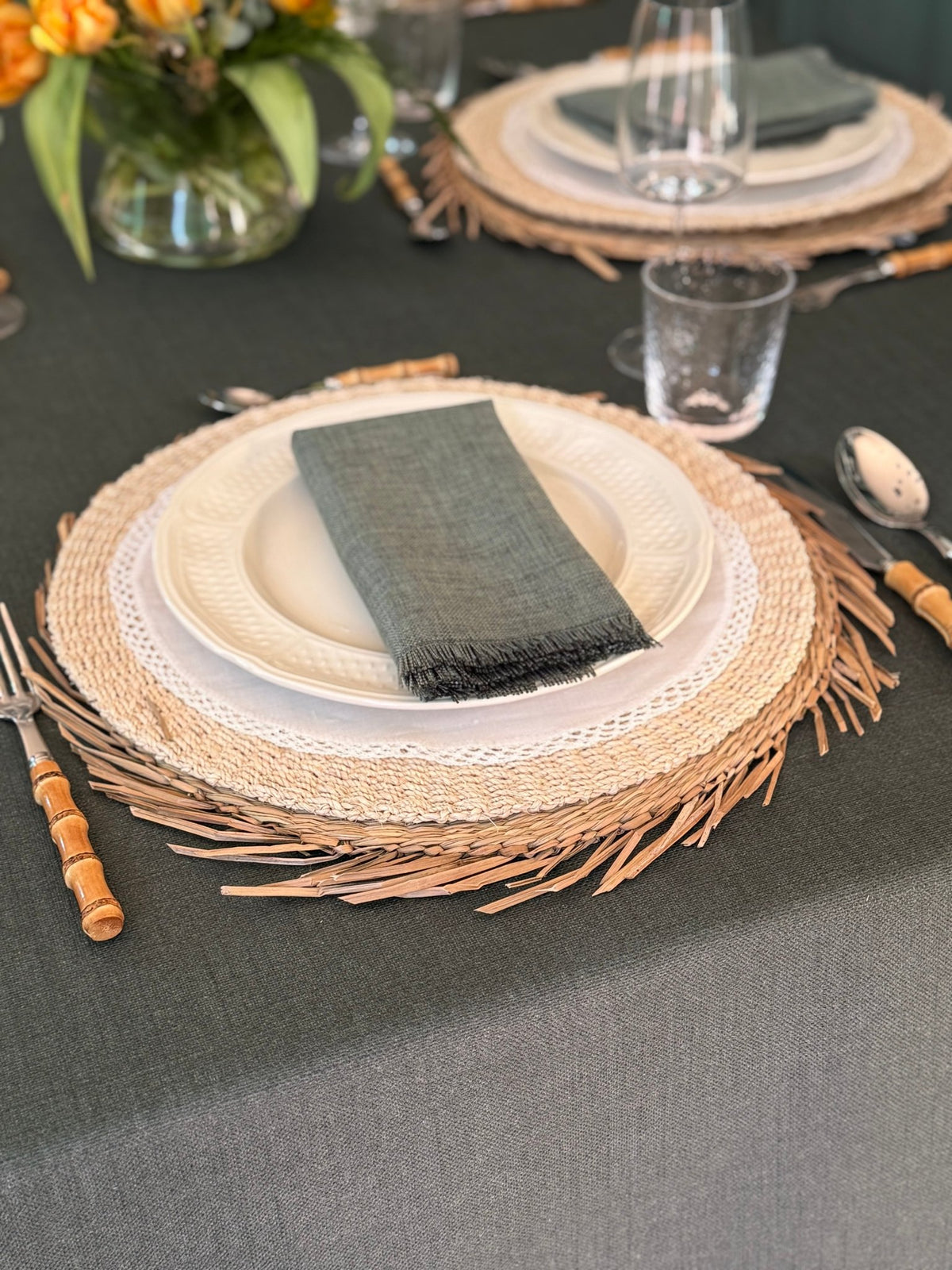 'Midnight Green Linen' Spill-Resistant Tablecloth