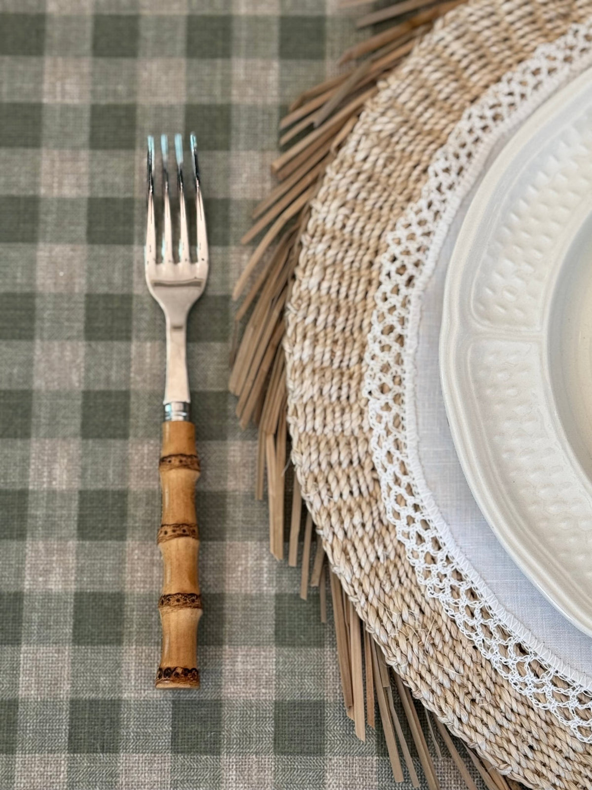 'Linen Eucalyptus Green Gingham' Spill-Resistant Tablecloth