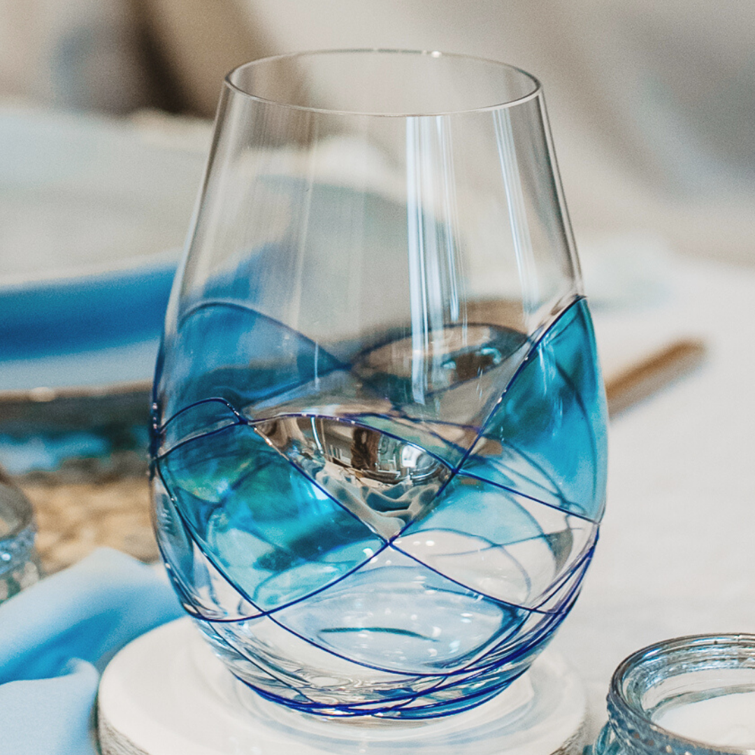 Six Blue Swirl Hand Blown 11 oz High Ball Glasses - Sapphire Swirl