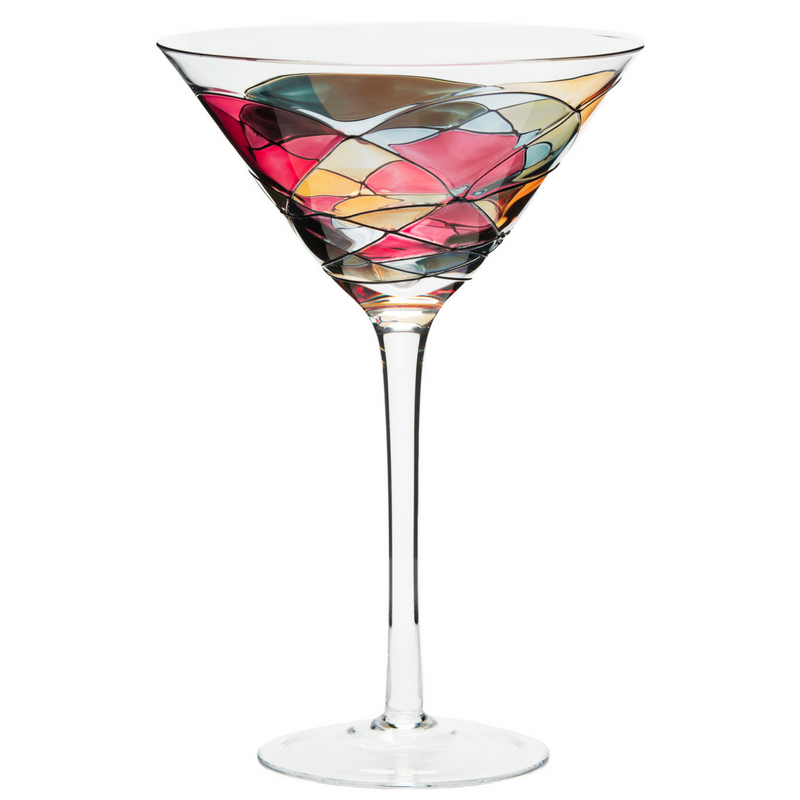 Luxury hand-painted Martini glass inspired by the designs of Antoni Gaudi and Sagrada Familia. White background. Cornet Barcelona