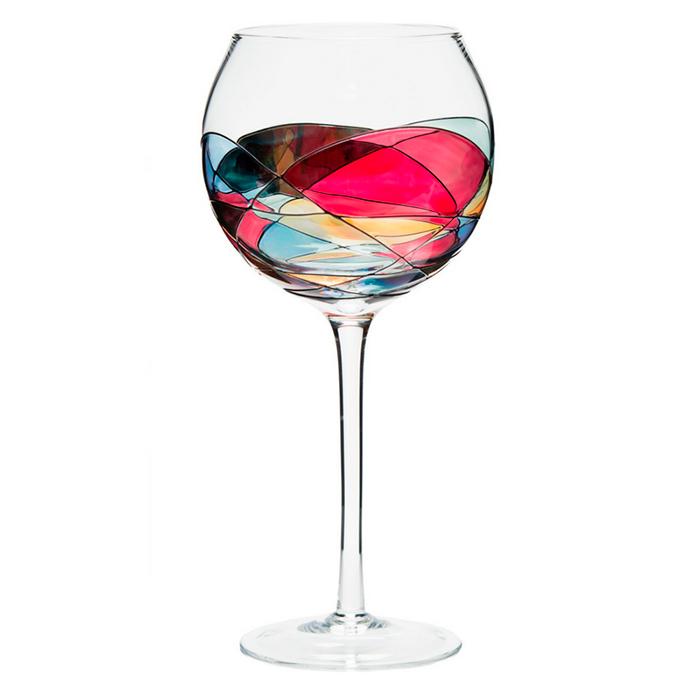 Luxury hand-painted tall wine glass inspired by the designs of Antoni Gaudi and Sagrada Familia. White background. Cornet Barcelona